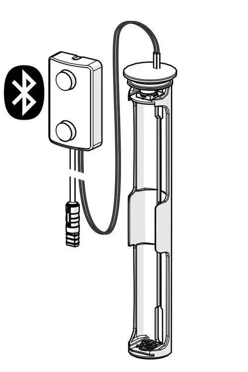 HANSAS Bluetooth-Sensor mit Verbindungskabel, angebracht an einem transparenten Gehäuse. Der Sensor verfügt über zwei Tasten zur Steuerung. Bluetooth-Logo zu sehen.